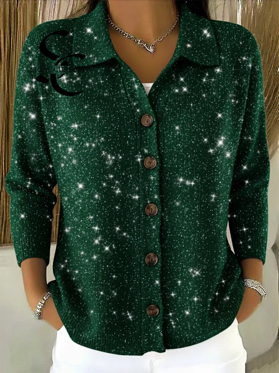 Casual Christmas Party Shirt Collar Button Shiny Cardigan Sweater