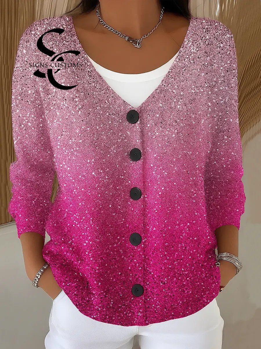Women's Gradient Print V-Neck Long Sleeve Casual Loose Sequined Top