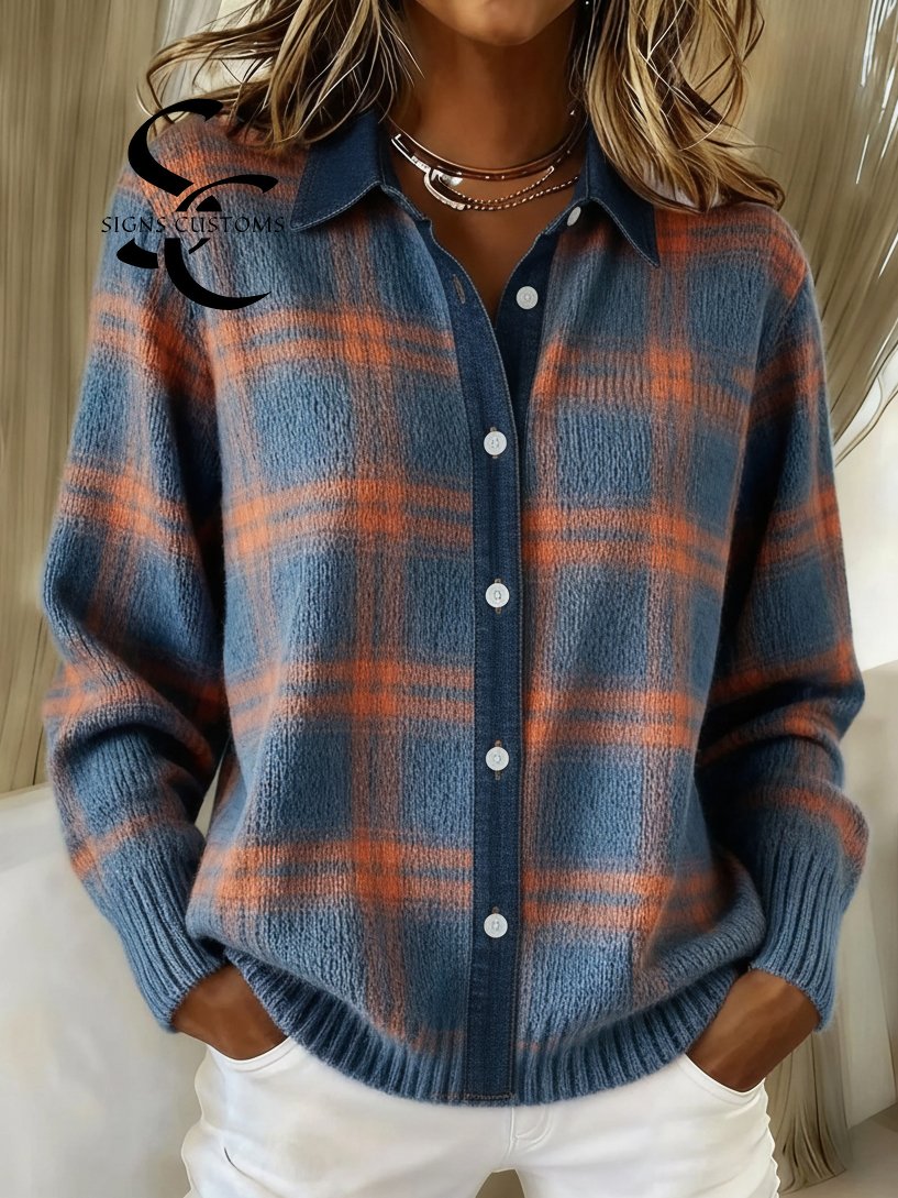 Denim Patchwork Contrast Plaid Polo Collar Button Cardigan Sweater