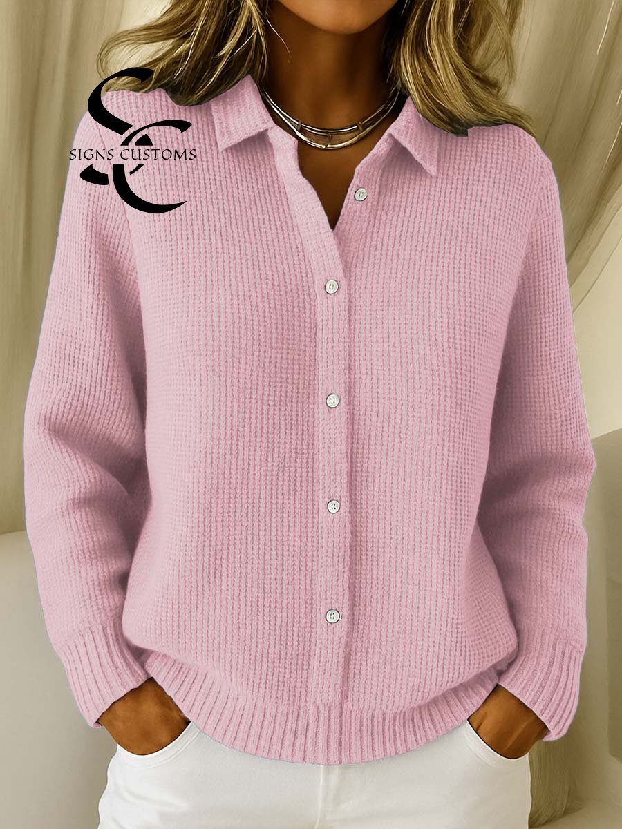Women's Solid Color Shirt Collar Long Sleeve Waffle Knit Cardigan