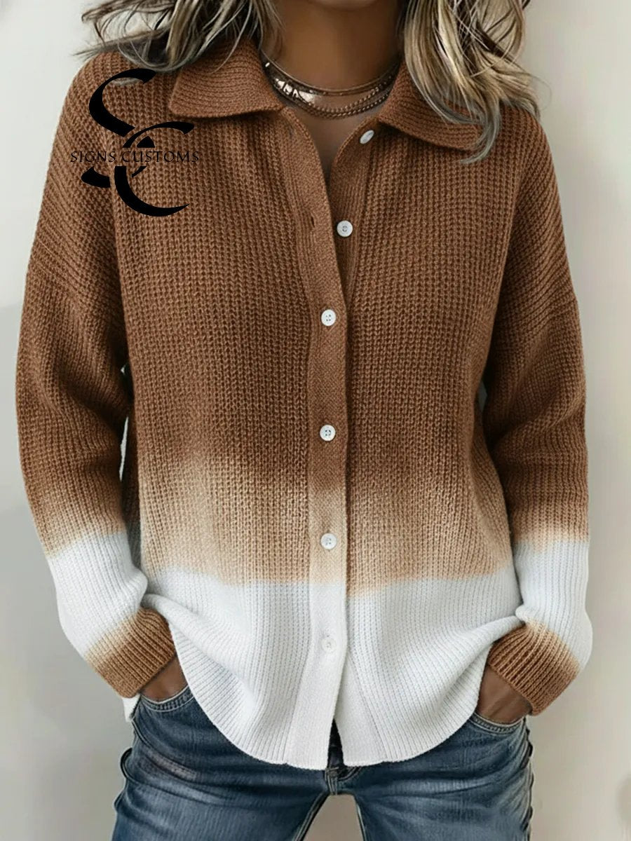 Casual Gradient Blue Shirt Button Knit Sweater