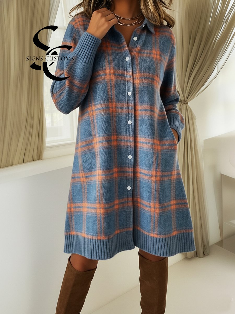 Retro Polo Collar Button-down Plaid Print A-line Knitted Dress