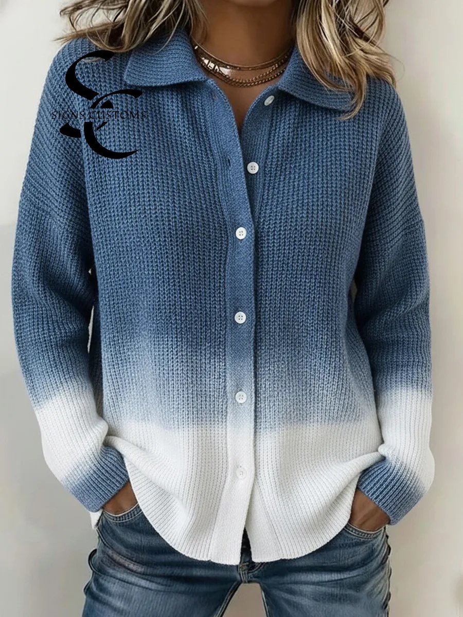 Casual Gradient Blue Shirt Button Knit Sweater