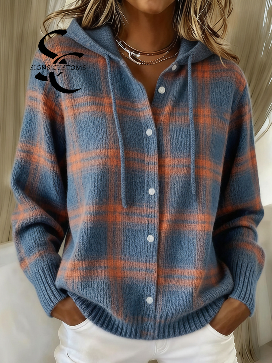 Women's Plaid Print Casual Cotton Buttoned Cardigan Sweater