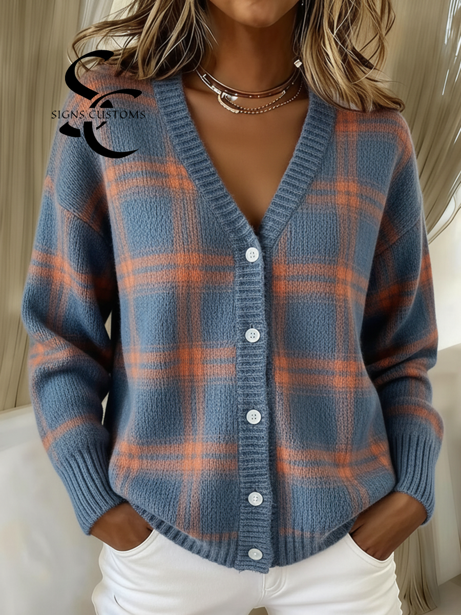 Retro Soft Plaid Contrast Color V-Neck Button Knit Cardigan