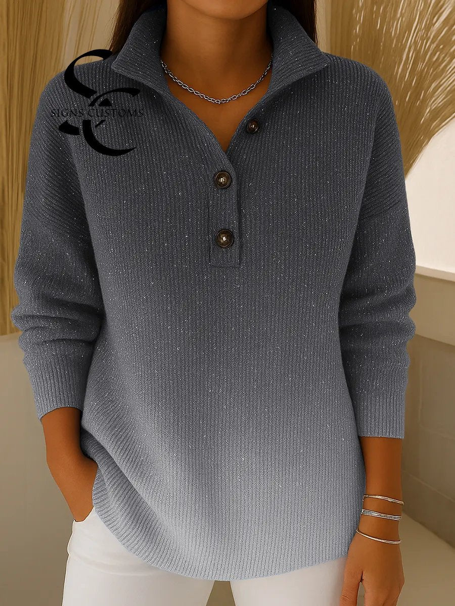 Women's Gradient Print Collared Long Sleeve Casual Loose Sequined Knit Cardigan