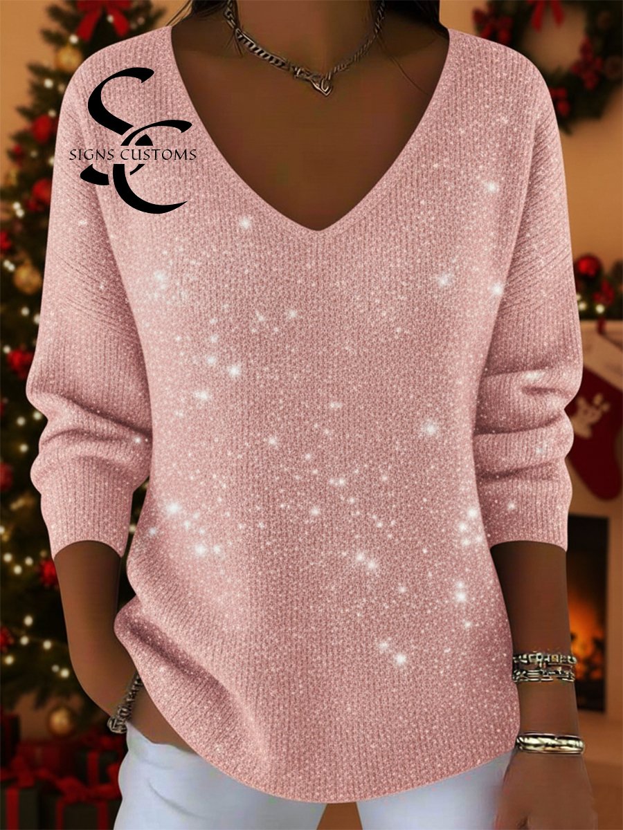 Women's V-neck Solid Color Loose Shiny Sweater