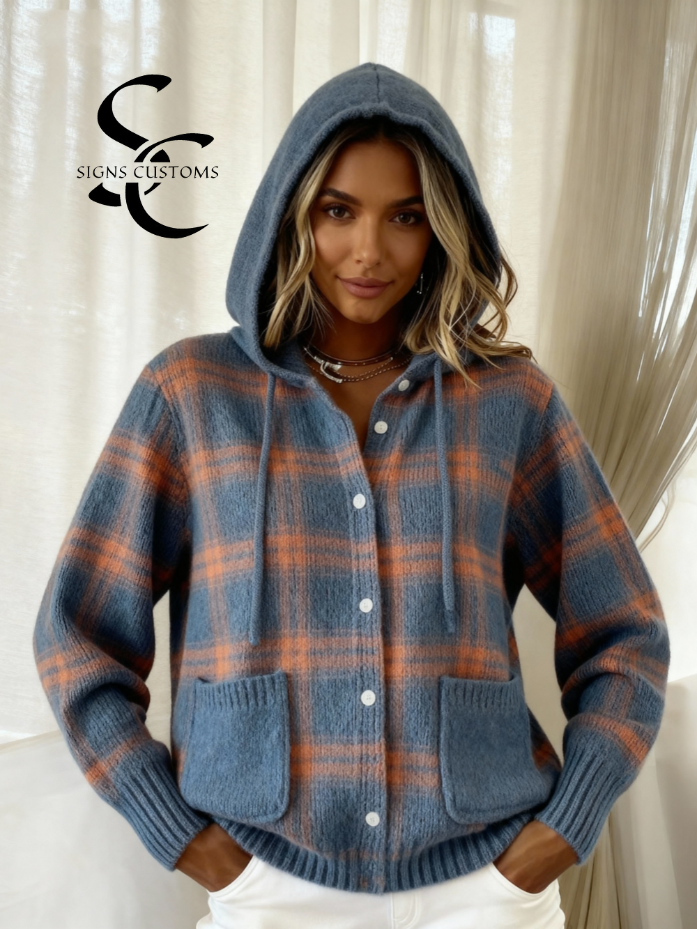 Women's Plaid Print Casual Cotton Buttoned Cardigan Sweater with Pockets